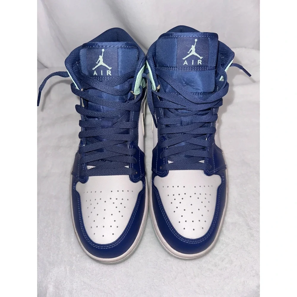 Air Jordan 1 Mid Blue Mint Navy White Sneakers 554724-413 Mens 10.5